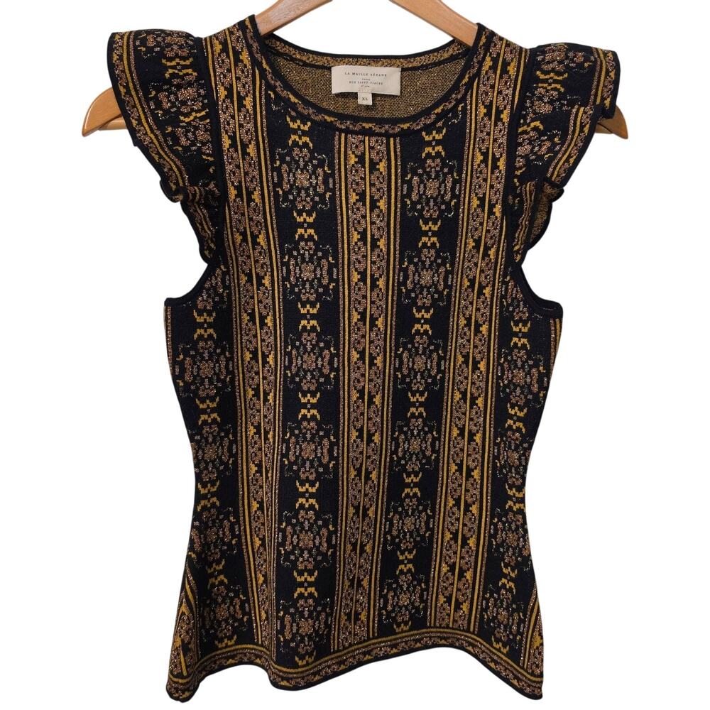 Sezane Sweater Womens XS Black Metallic Knit Flutter Sleeve Geometric Top